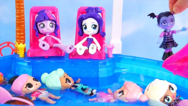 LOL Surprise Dolls Lil Sisters at Barbie Pool find Glitter Surprises