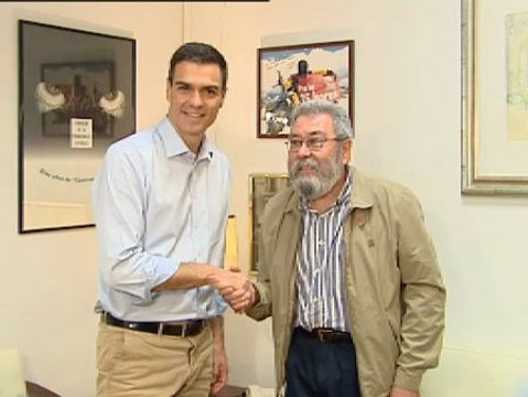 Pedro Sánchez se reúne con Cándido Méndez en la sede de UGT