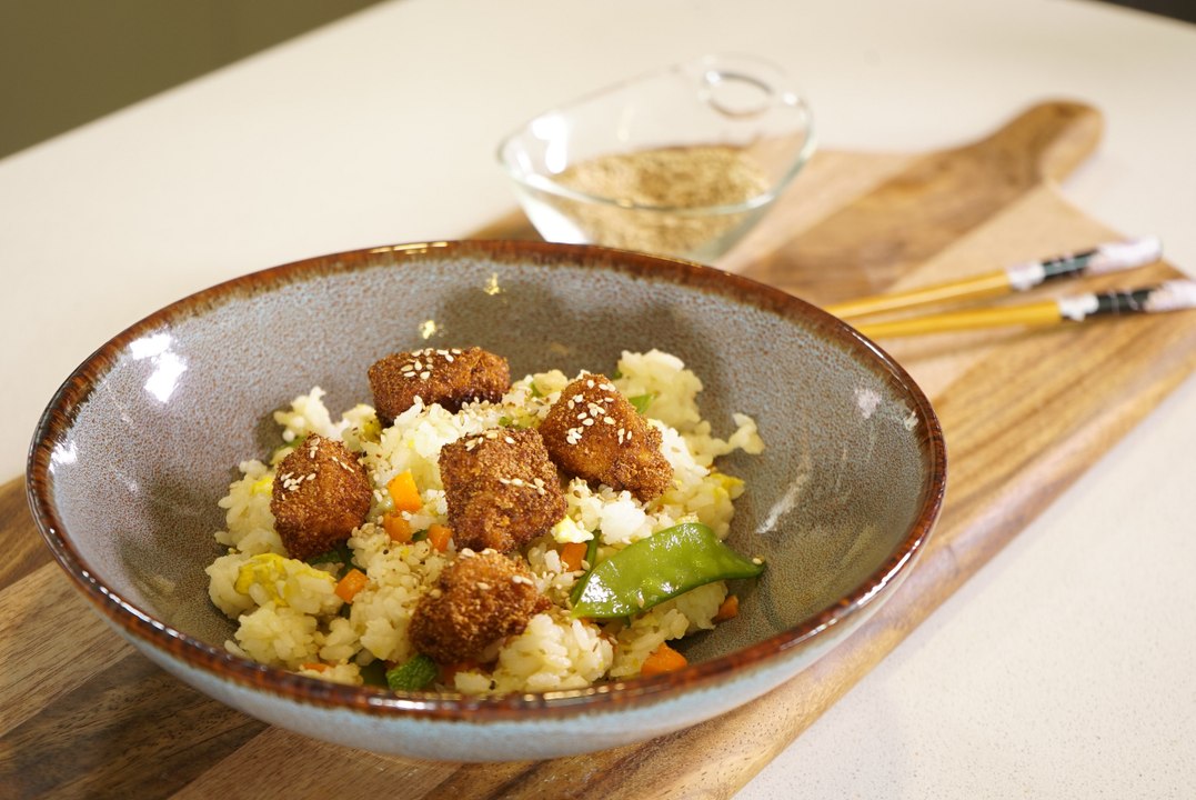 Arroz oriental con cubitos de cerdo