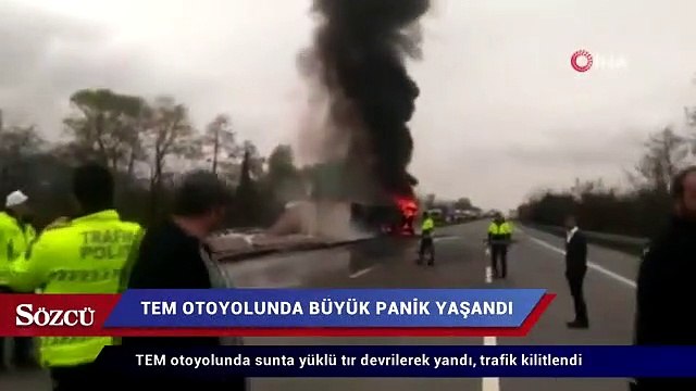 TEM otoyolunda sunta yüklü tır devrilerek yandı