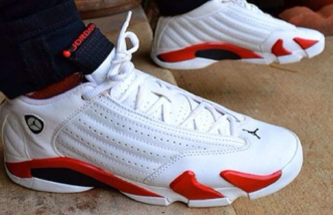 jordan 14 candy cane on feet