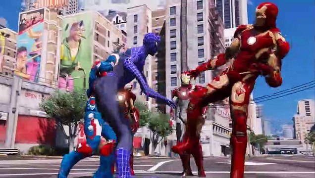 SPIDER-MAN, BLUE SPIDERMAN, GREEN SPIDERMAN, YELLOW SPIDERMAN, BLACK SPIDERMAN VS IRON MAN ARMY
