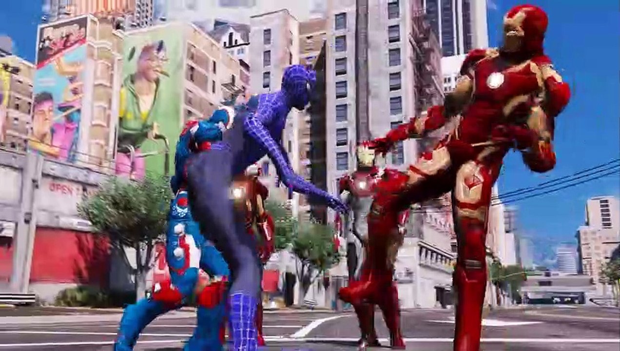 SPIDER-MAN, BLUE SPIDERMAN, GREEN SPIDERMAN, YELLOW SPIDERMAN, BLACK SPIDERMAN VS IRON MAN ARMY