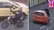 CCTV shows vandal motorbike rider rammed by car in hit-and-run