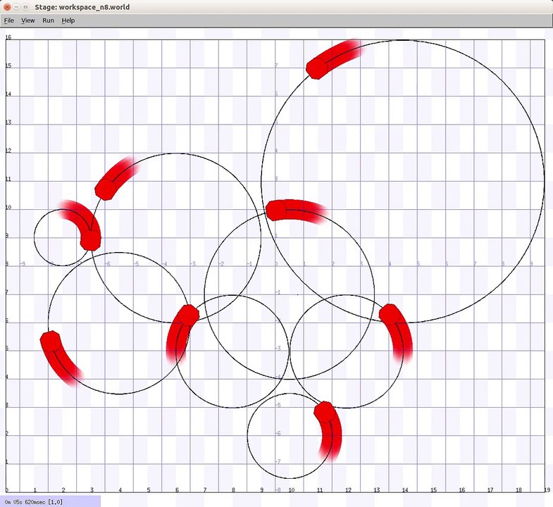 Concurrent motion of 8 robots in shared workspace
