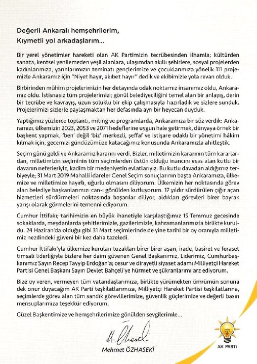 Özhaseki: Seçim Sonuçlarının Ankara'mıza Hayırlı Olmasını Diliyorum