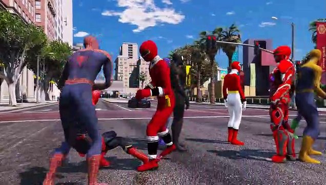 ALL RED RANGERS VS SPIDER-MAN, GREEN SPIDERMAN, BLUE SPIDERMAN, YELLOW SPIDERMAN, BLACK SPIDERMAN