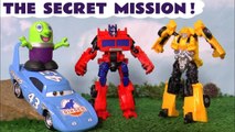 Transformers Cyberverse Autobots Secret Mission with Disney Pixar Cars 3 King and Funny Funlings where Bumblebee and Optimus Prime must rescue a mystery character with initials KF