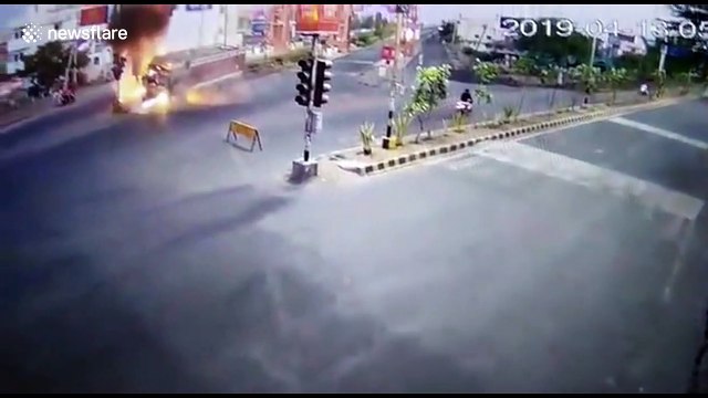 Security cam films terrifying moment truck catches fire in central India