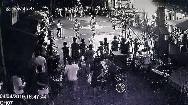 Terrifying moment basketball floodlights explode during game