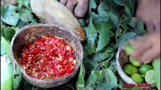 La Technologie Primitive - Manger de délicieuses - Impressionnant de cuisson du poulpe sur un rocher