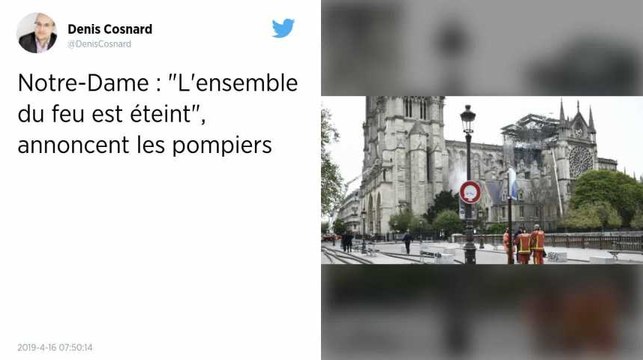 Incendie de Notre-Dame de Paris. Le feu est complètement maîtrisé, partiellement éteint