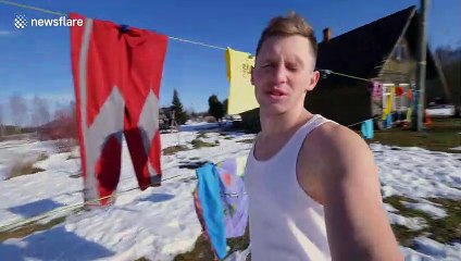 Talented slackliner performs UNBELIEVABLE trick by slashing clothes lines while backflipping