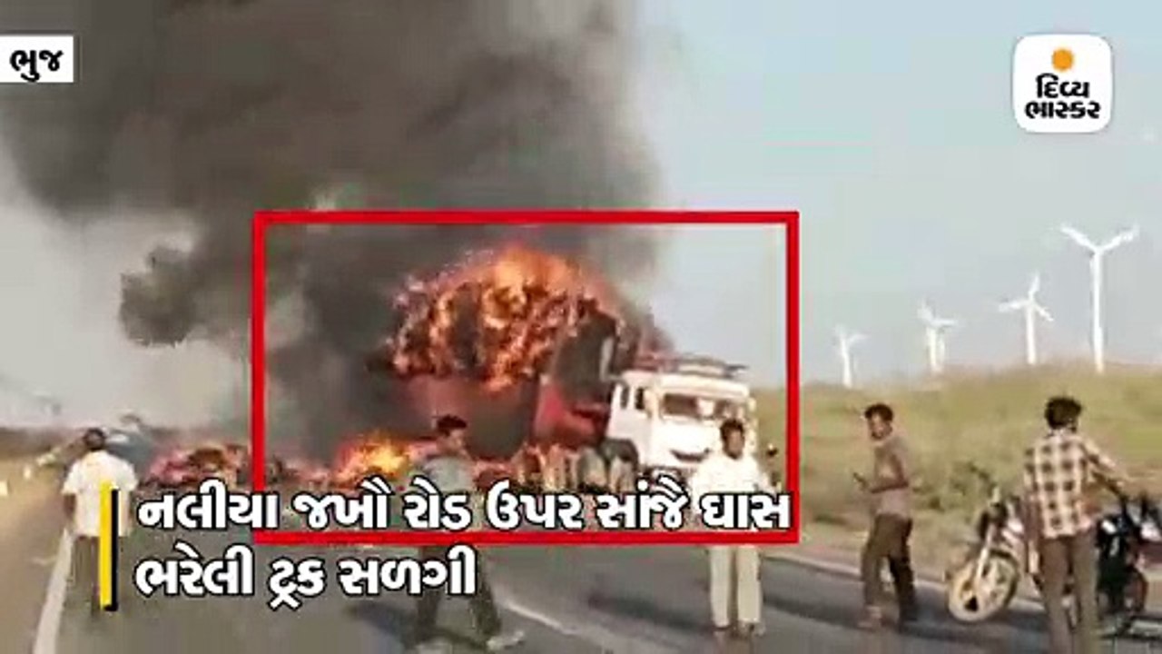 ભુજ: નલીયા જખૌ રોડ વચ્ચે ઘાસ ભરેલી ટ્રક દોઢ કલા...
