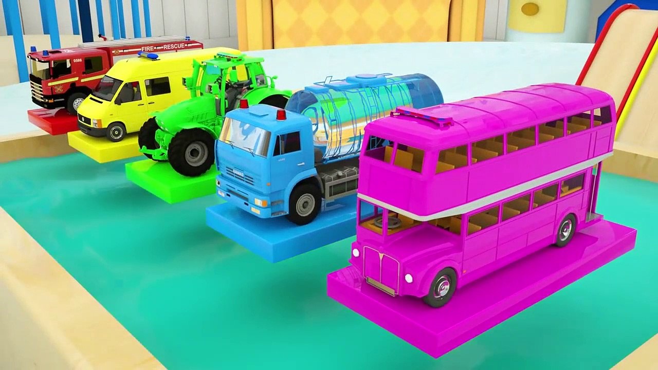 Learn Colors with Helicopter Tractor, Water Tank, Fire Truck in Surprise Egg Parking Vehilce for Kid