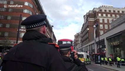 Man climbs lamppost in London's Oxford Street in climate change protest