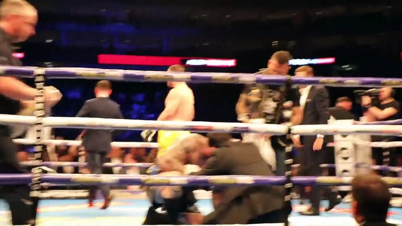 EMOTIONAL DAVE ALLEN CELEBRATES KNOCKOUT WIN WITH EDDIE HEARN IN THE RING & CONSOLES LUCAS BROWNE