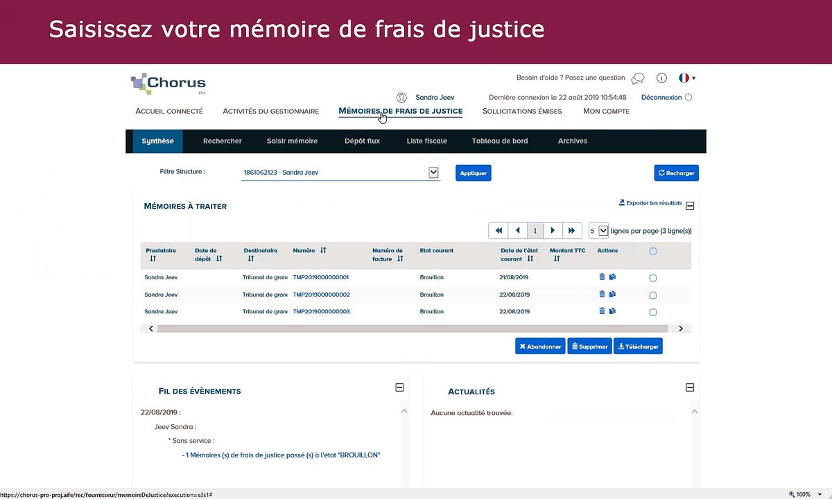 Chorus Pro V2 Saisir un mémoire de frais de justice Vidéo Dailymotion