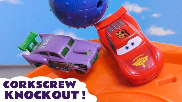Hot Wheels Corkscrew Knockout with Disney Pixar Cars 3 Lightning McQueen vs DC Comics & Marvel Avengers 4 Endgame Superheroes in this family friendly full episode english story for kids