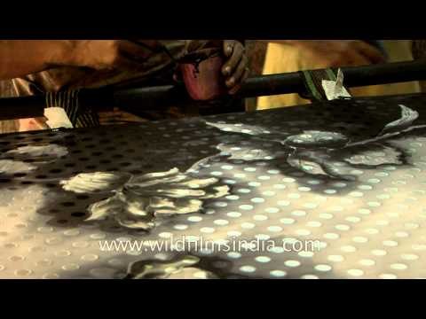 Intricate motifs on a Banarasi silk saree in Varanasi, India