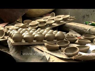 Various types of clay lamps for diwali festival