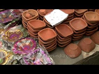 Variety of clay diyas on sale during Diwali, Delhi