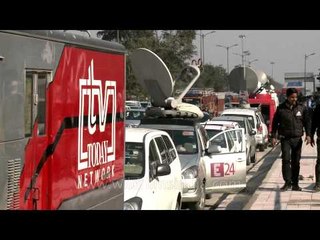 Media OB Vans parked outside Safdarjung Hospital reporting physical assault with medical student