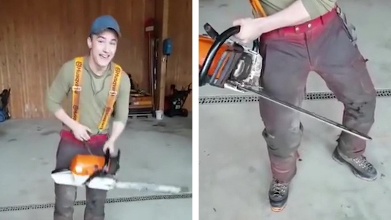Il se coupe la jambe avec une tronçonneuse pour tester son pantalon de sécurité