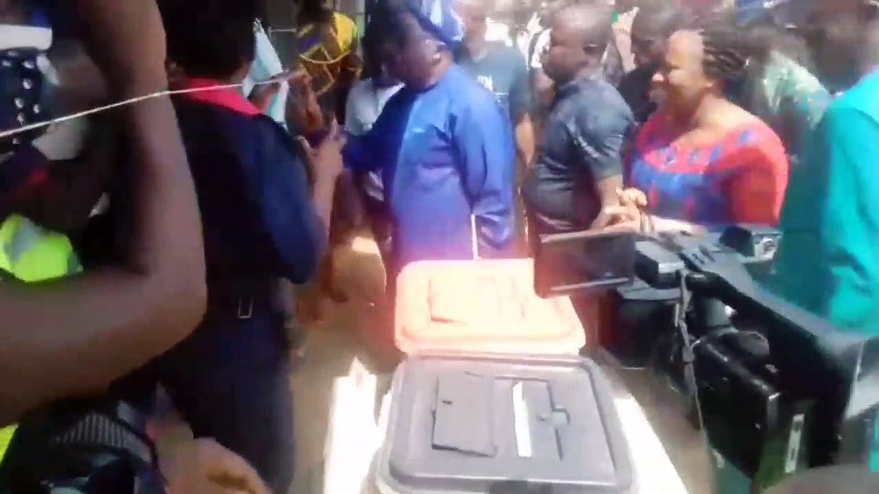 Oyo APC gov candidate, Abebayo Adelabu, and wife arrive arrive polling unit f...