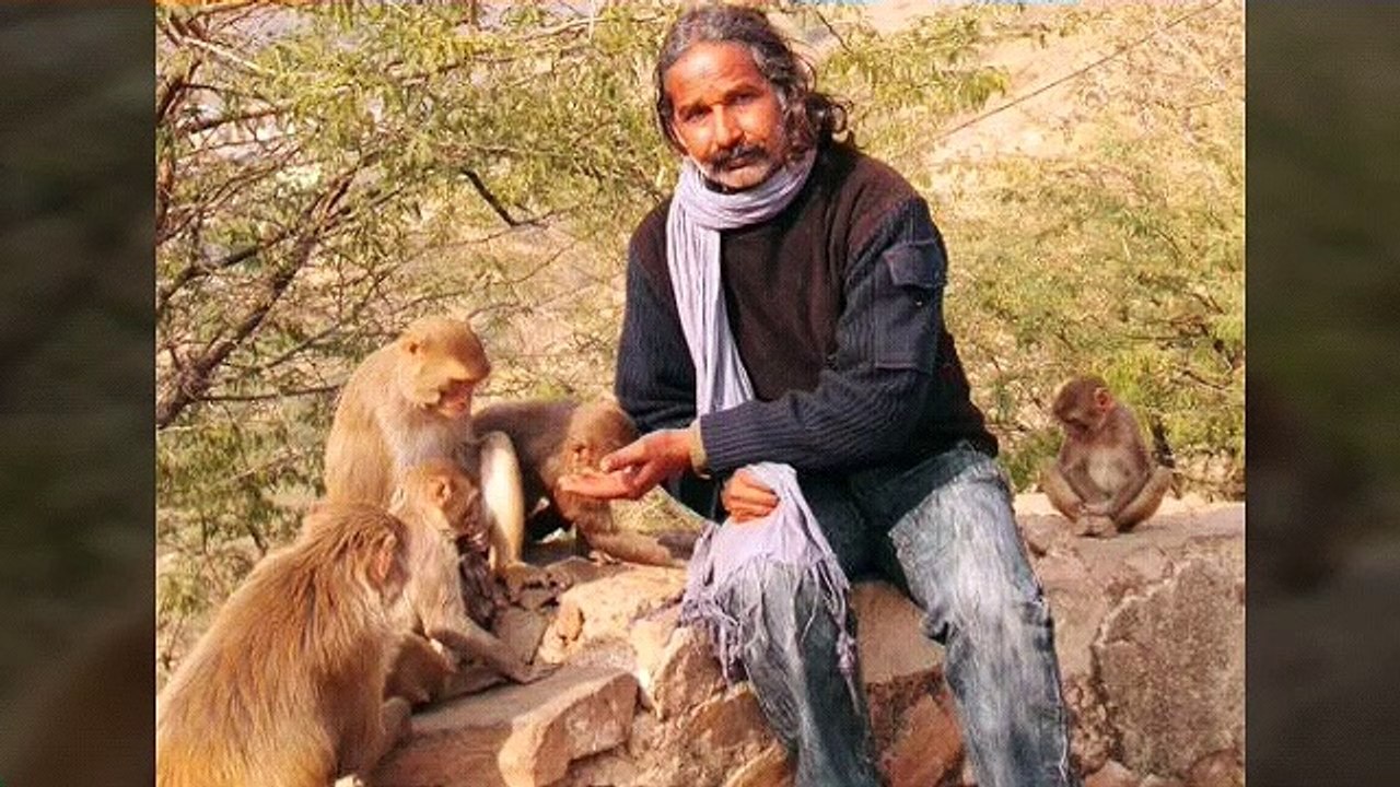 A man is talking with monkey