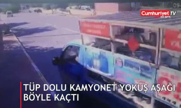 Tüp dolu kamyonet yokuş aşağı kaçtı, sürücü peşinden kovaladı