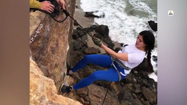 ઉપર પહાડ નીચે દરિયો, દોરડું બાંધી જેક્લિને કર્યા સ્ટંટ