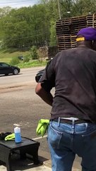 Tiny Car Transports Tower of Pallets
