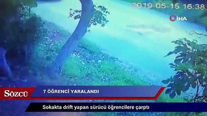 Sokakta drift yapan sürücü öğrencilere çarptı