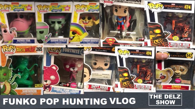 Funko Pop Hunt for Dragonball Z Jade Shenron,Spiderman Far From Home GITD Molten Man Gamestop,Fortnite Cuddle Flocked,Spongebob Square Pants,Lion King Movie Simba Flocked& Chases