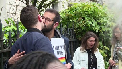 "Kiss-in" at Russian embassy to protest homophobia in Chechnya