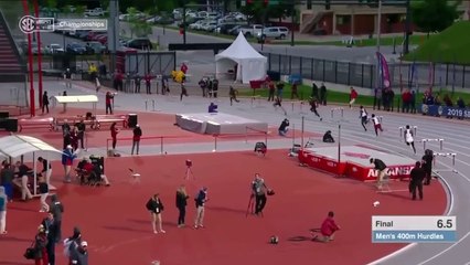 Hurdle runner dives to the finishing line, superman style