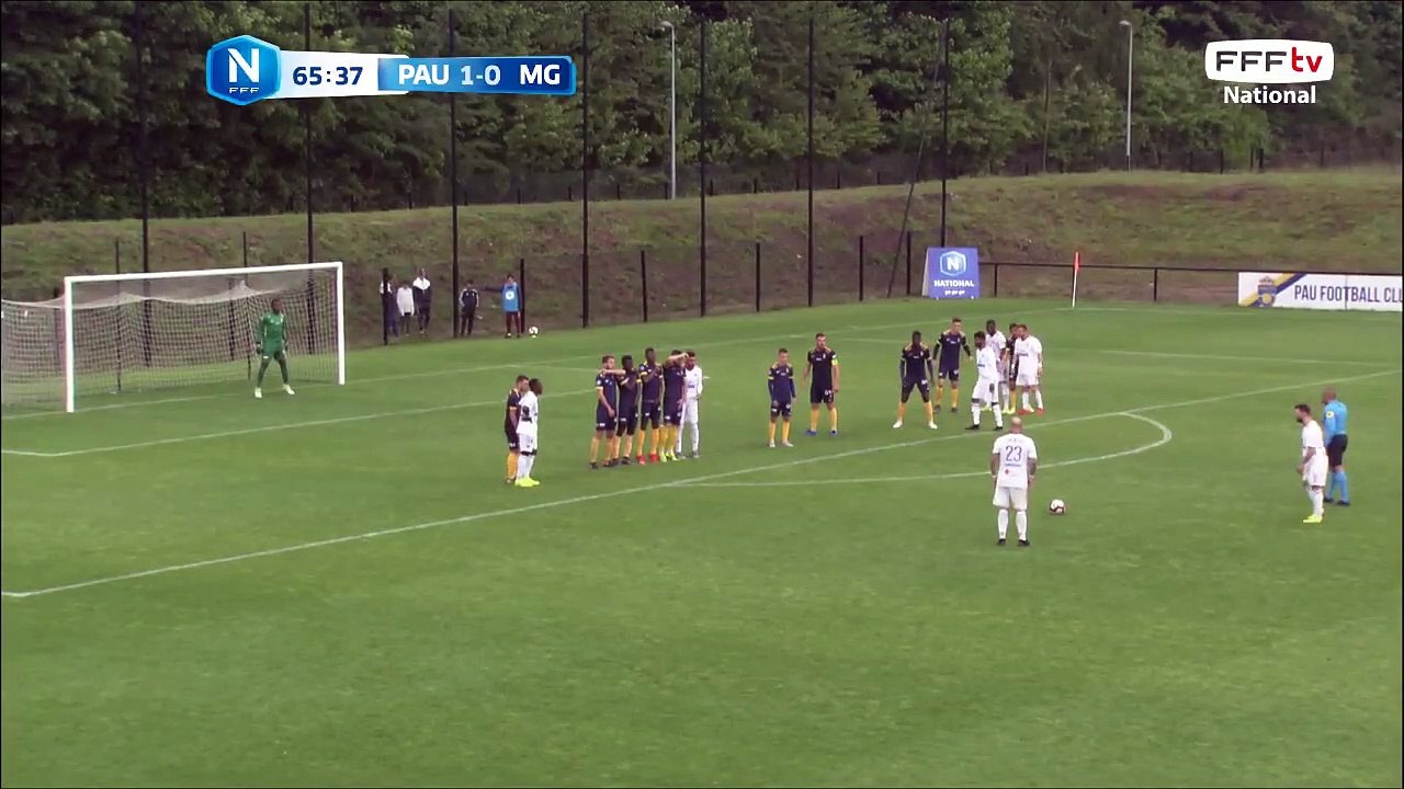 Le coup franc passe au dessus des buts.