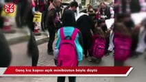 Genç kız kapısı açık minibüsten böyle düştü