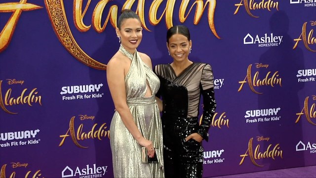 Nadine Velazquez, Christina Milian Aladdin World Premiere Purple Carpet