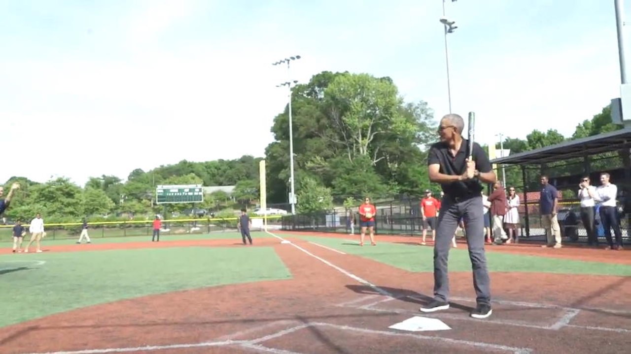 Former President Obama shows off softball skills