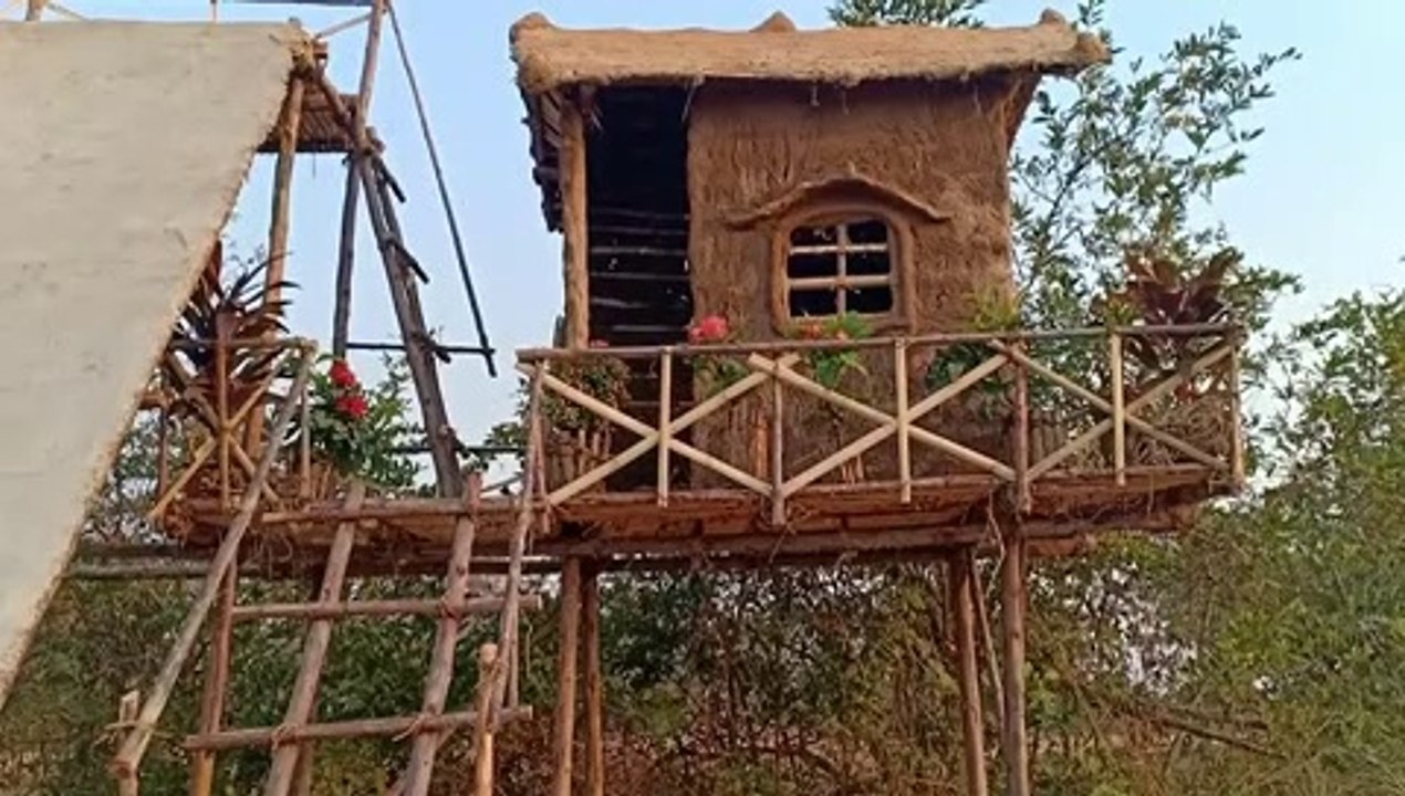 primitive technology Build Flower Swimming Pool In Front Of Water Slide House