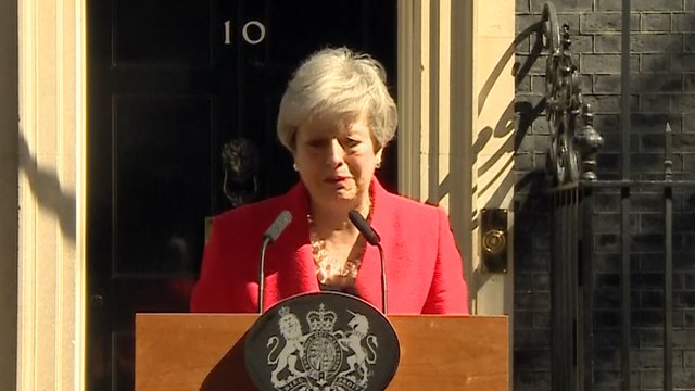 British Prime Minister Theresa May announces her resignation in emotional speech