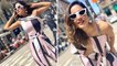 Hina Khan looks glamours chic pink and navy striped dress; Check Out | Boldsky