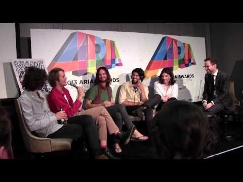 ARIA Winners Tame Impala talk with Robbie Buck and media backstage.