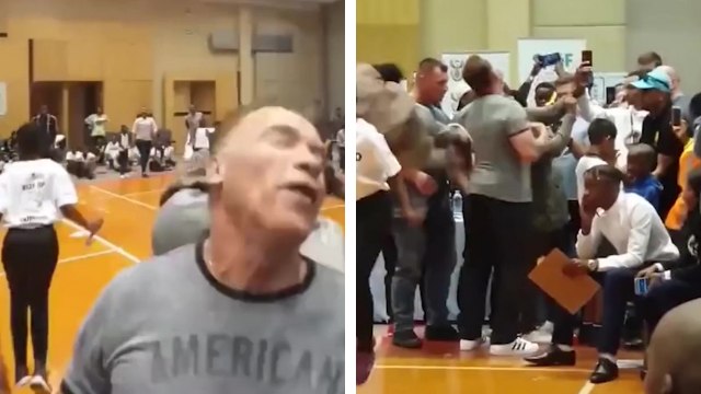 Un homme agresse Arnold Schwarzenegger en lui sautant dessus à pieds joints