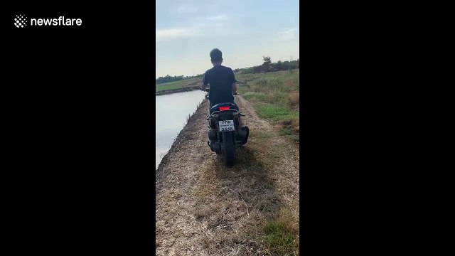 Wheelie bad! Thai man fails at moped trick and falls in pond