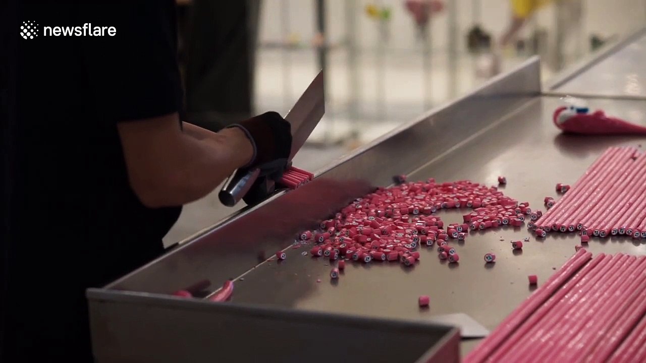 Sweet-maker cuts rock candy at high speed with...
