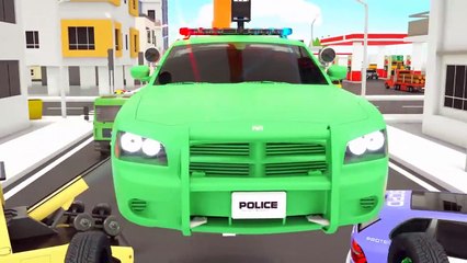 Learn Colors with Crane, Police Tractor, Sports Car Stuck in Puddle & Assembly Tyre Parking Vehilce