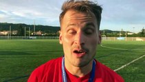 Finale Coupe LAuRA Foot – Clément CHARBONNET réagit après la victoire de l’AS MISERIEUX-TREVOUX contre le FC DOMTAC